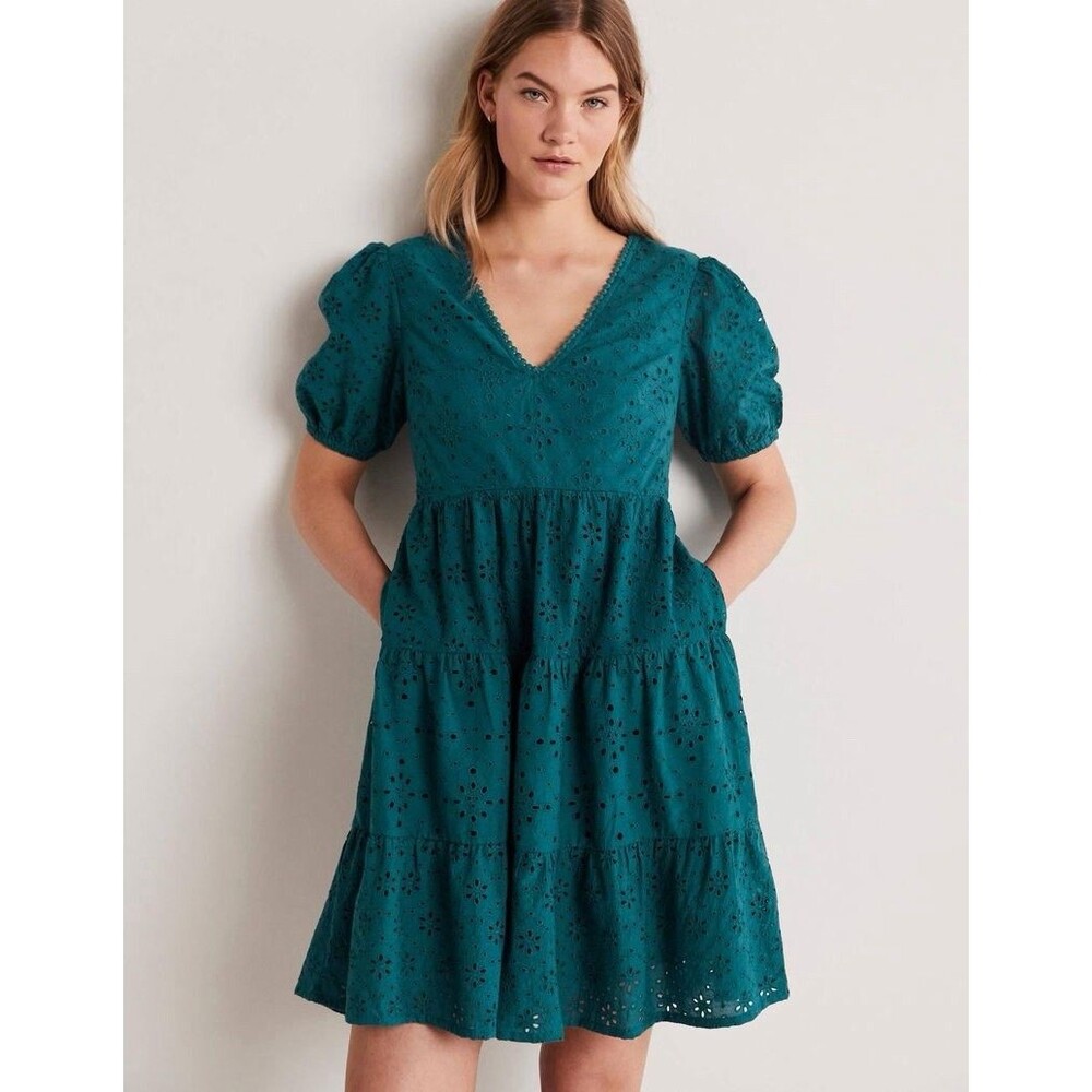 Boden Back Cutout Detail Broderie Short Dress Size 8 Teal Green Resort Party